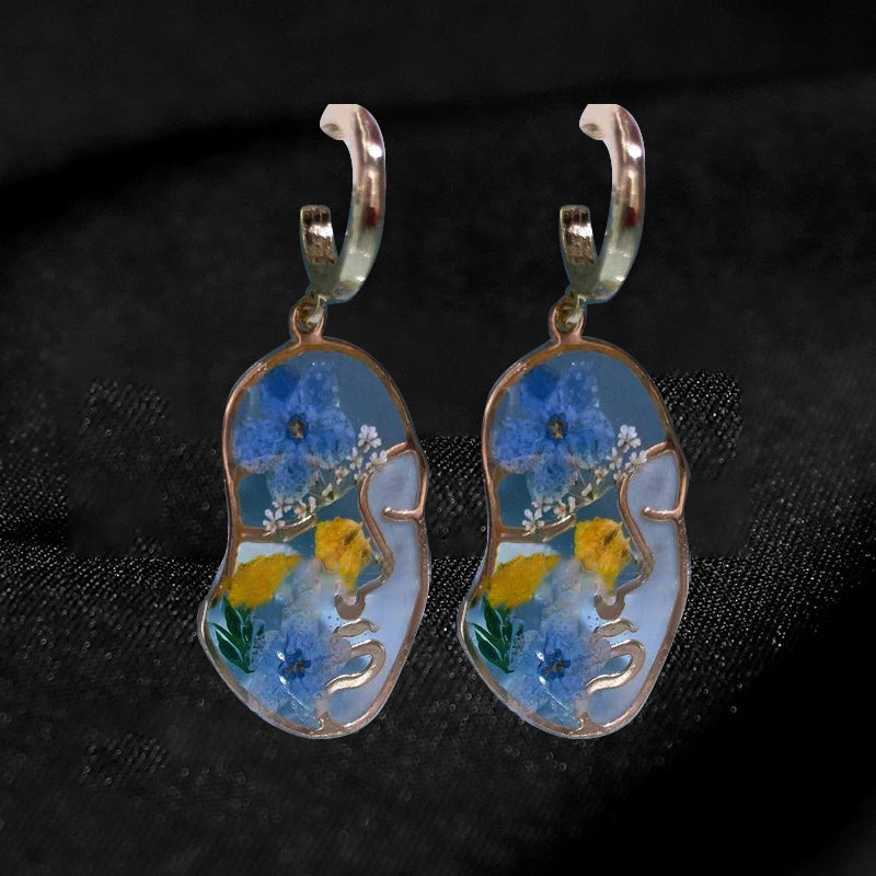 Pressed Flower Earrings - Abstract Face Forget Me Not Flower