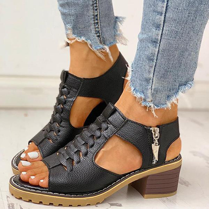 Cutout Zipper Chunky Heeled Sandals