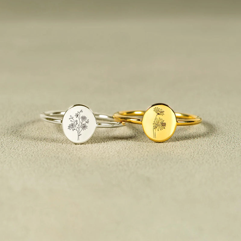 Engraved Birth Month Flower Ring