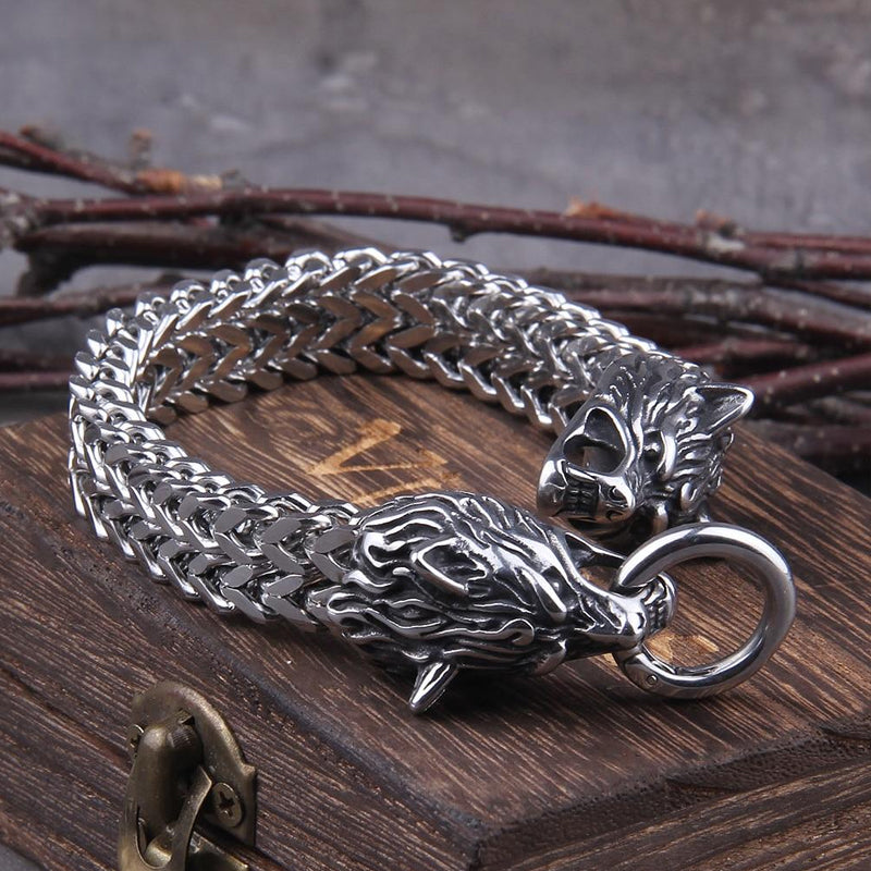 Viking Stainless Steel Double Wolf Head Fenrir Bracelet