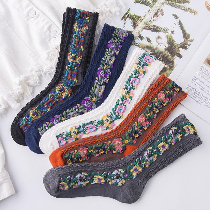 Vintage Embroidered Floral Socks (5 pairs)