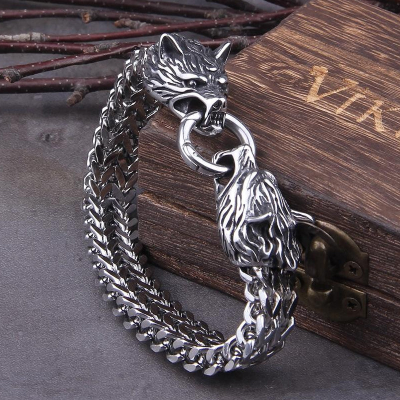 Viking Stainless Steel Double Wolf Head Fenrir Bracelet