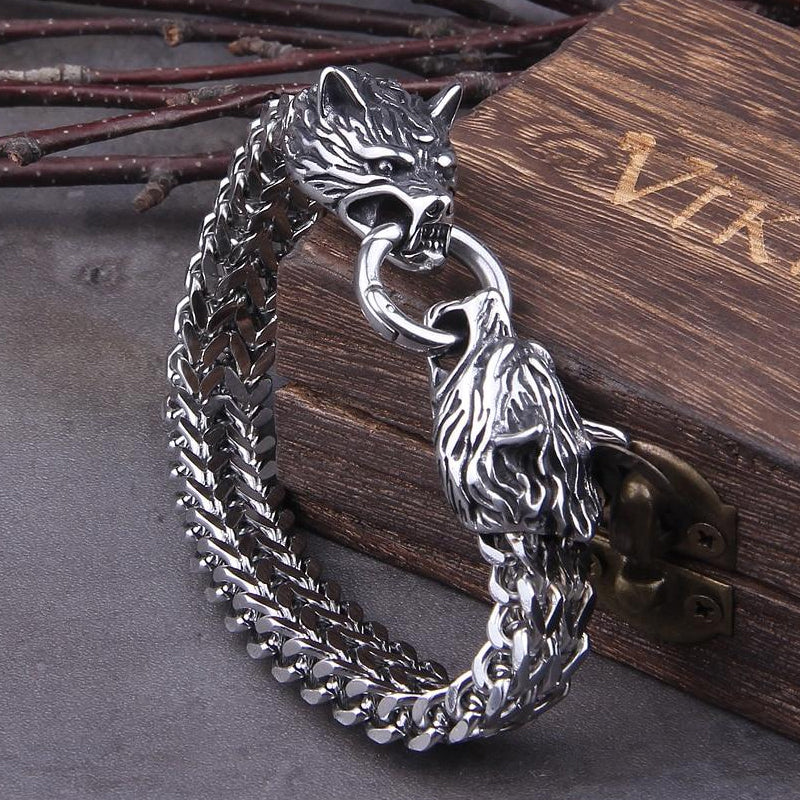 Viking Stainless Steel Double Wolf Head Fenrir Bracelet