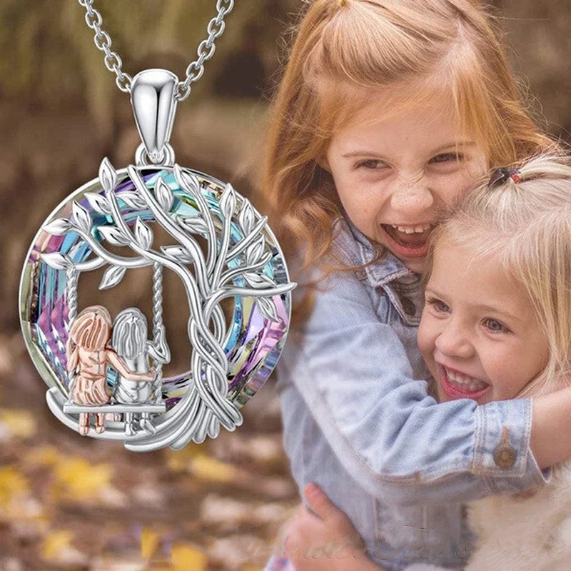 Tree of Life Sister on the Swing Cry-stal Pendant Necklace