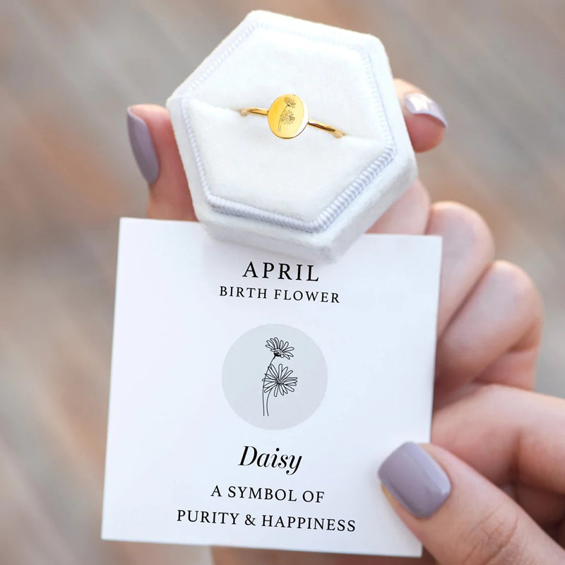 Engraved Birth Month Flower Ring