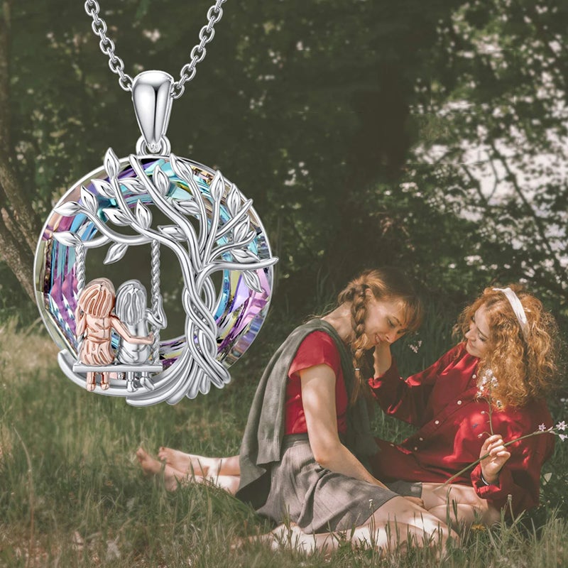 Tree of Life Sister on the Swing Cry-stal Pendant Necklace