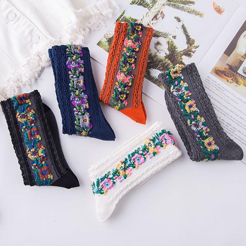 Vintage Embroidered Floral Socks (5 pairs)