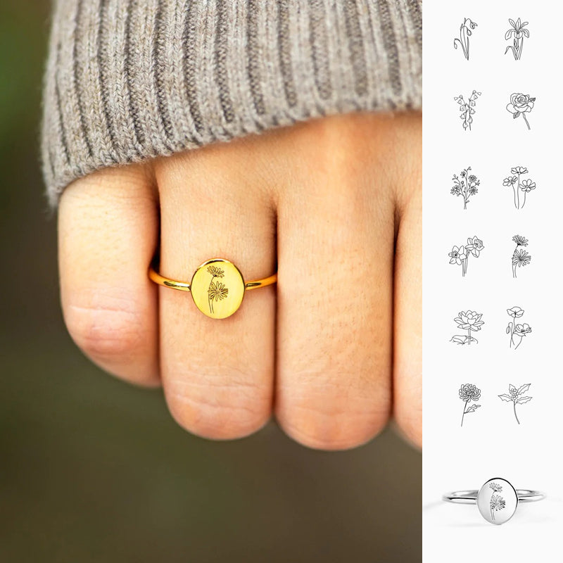 Engraved Birth Month Flower Ring