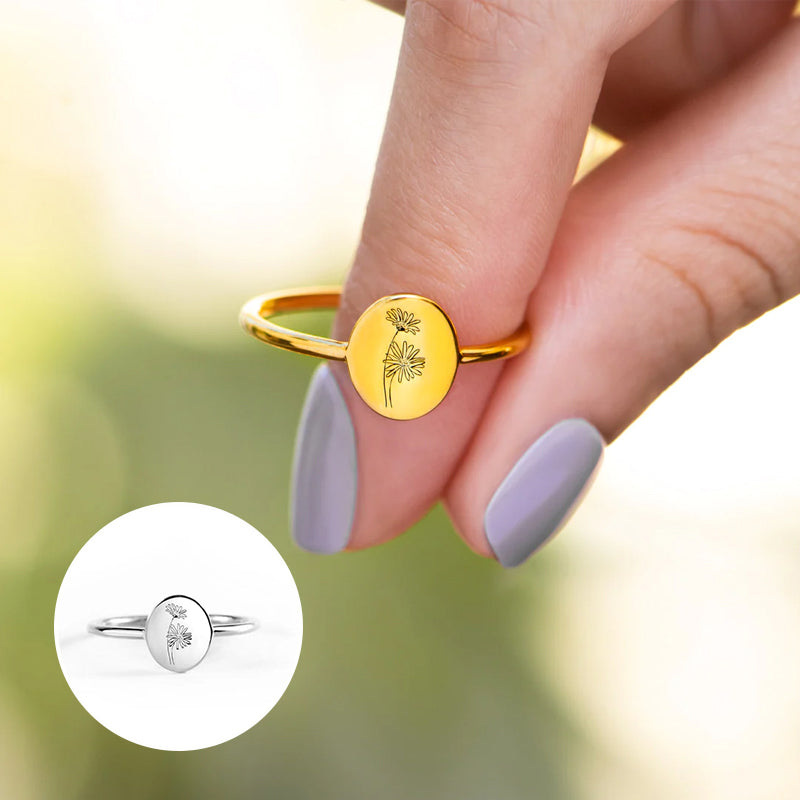 Engraved Birth Month Flower Ring