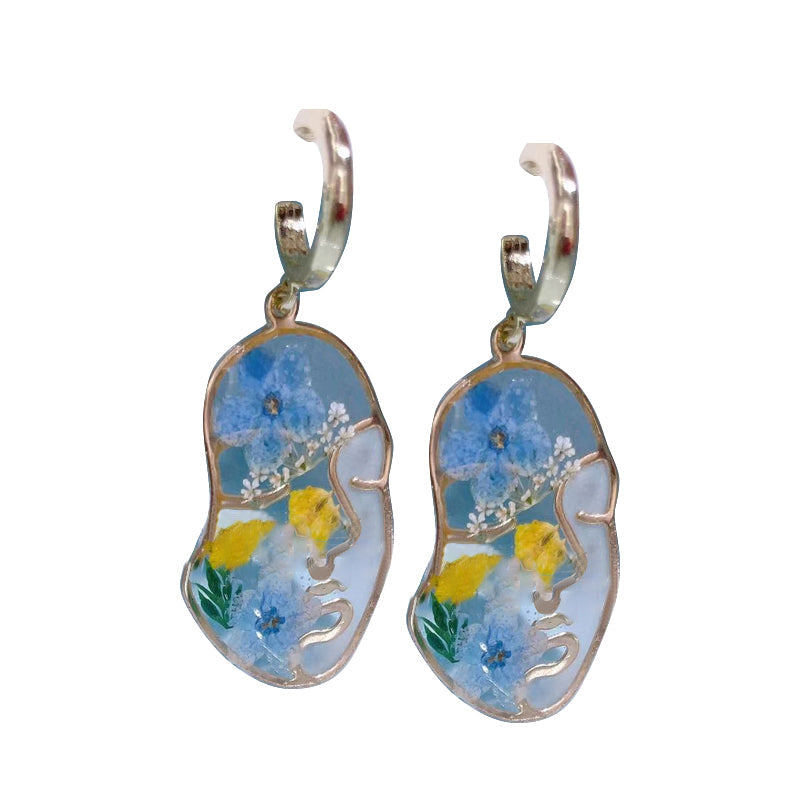 Pressed Flower Earrings - Abstract Face Forget Me Not Flower